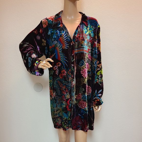 JOHNNY WAS SILK VELVET DREAM FLORAL PRINT EASY TUNIC SHIRT TOP 1X - Picture 2 of 7